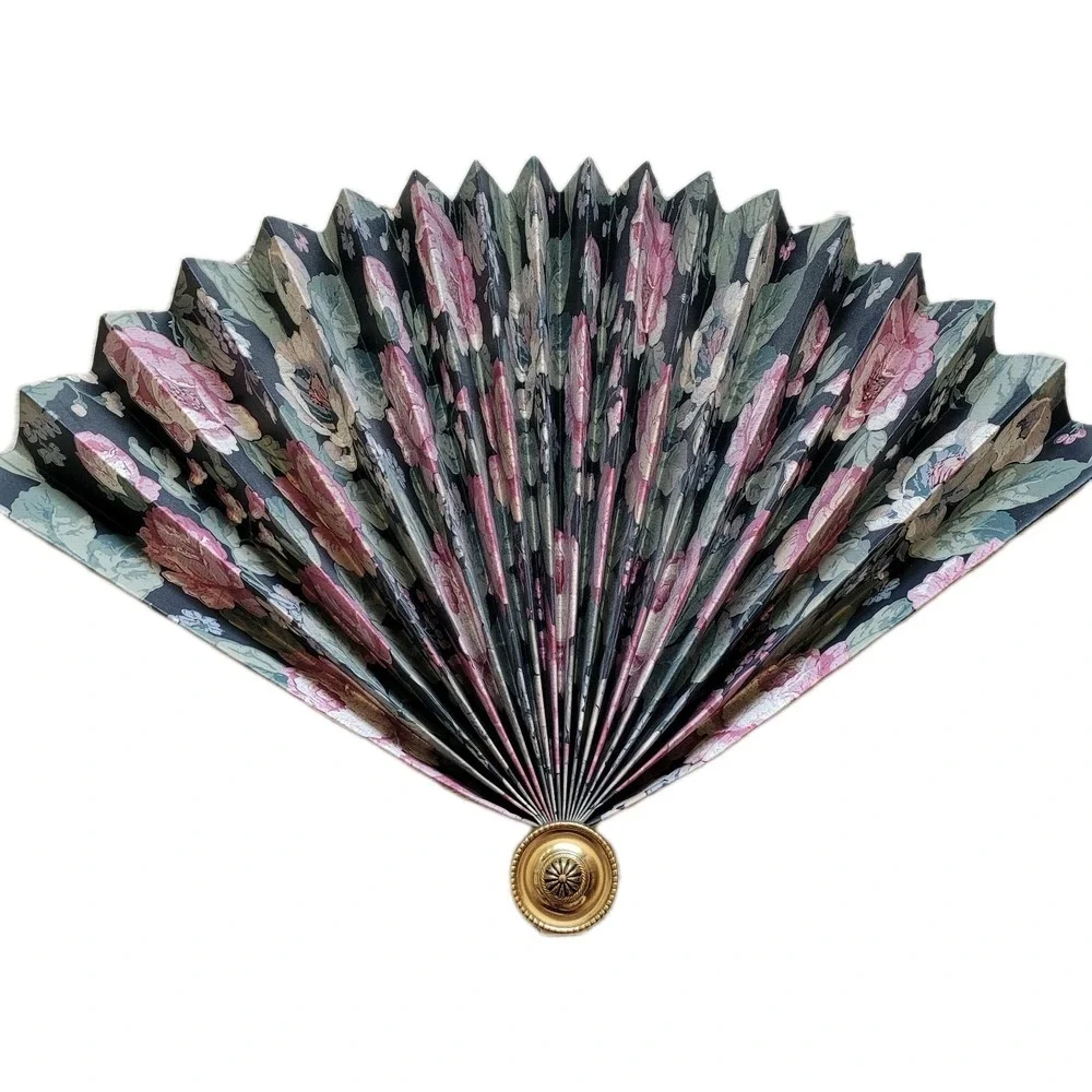 VTG Floral Folding Hand Fan Victorian Style Accordion Ornate Gold Tone Handle